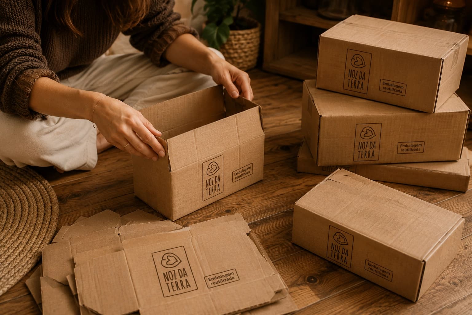 Caixas de papelão reutilizadas e identificadas pela Noz da Terra