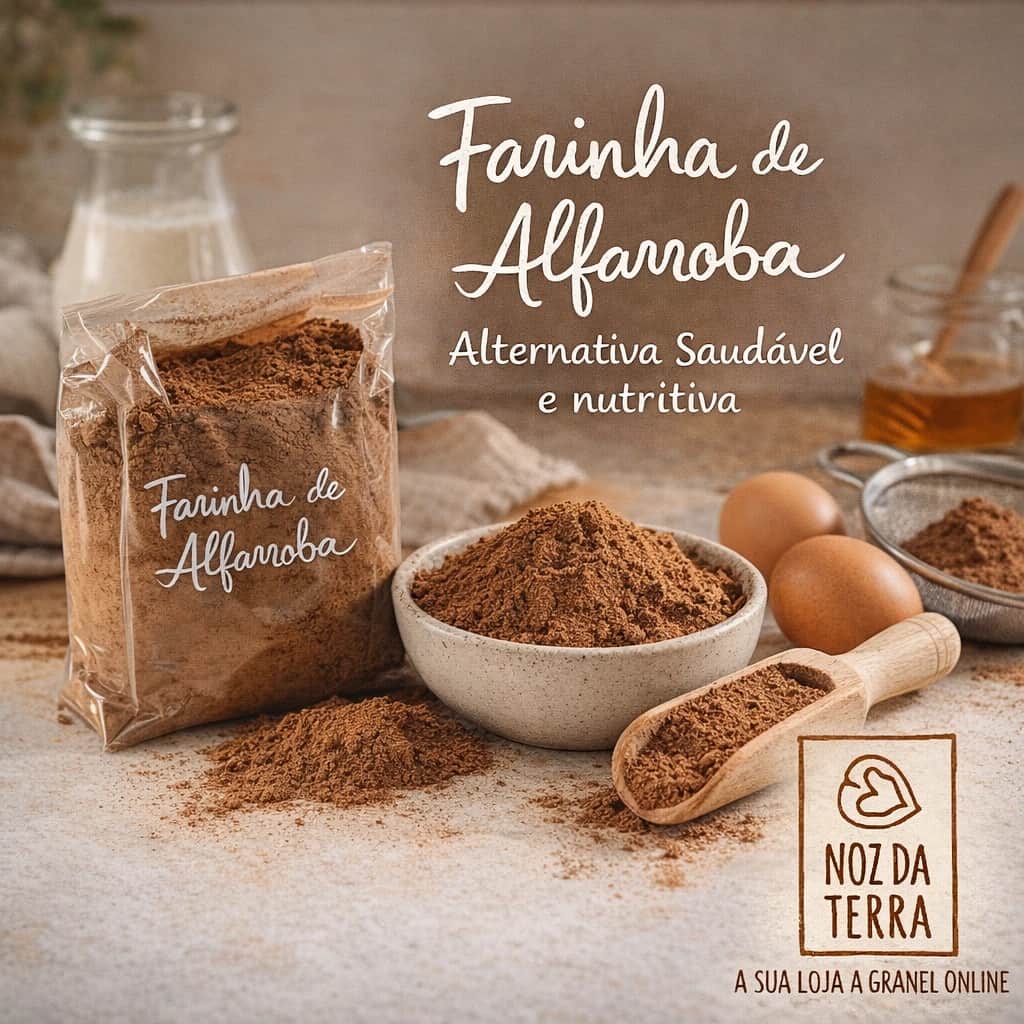 Farinha de alfarroba Noz da Terra em saco aberto numa cozinha, com farinha num recipiente e utensílios de pastelaria
